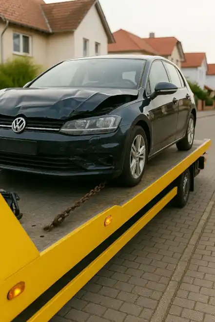 Defektes Auto wird in Willich abgeschleppt, bereit für den Autoankauf.